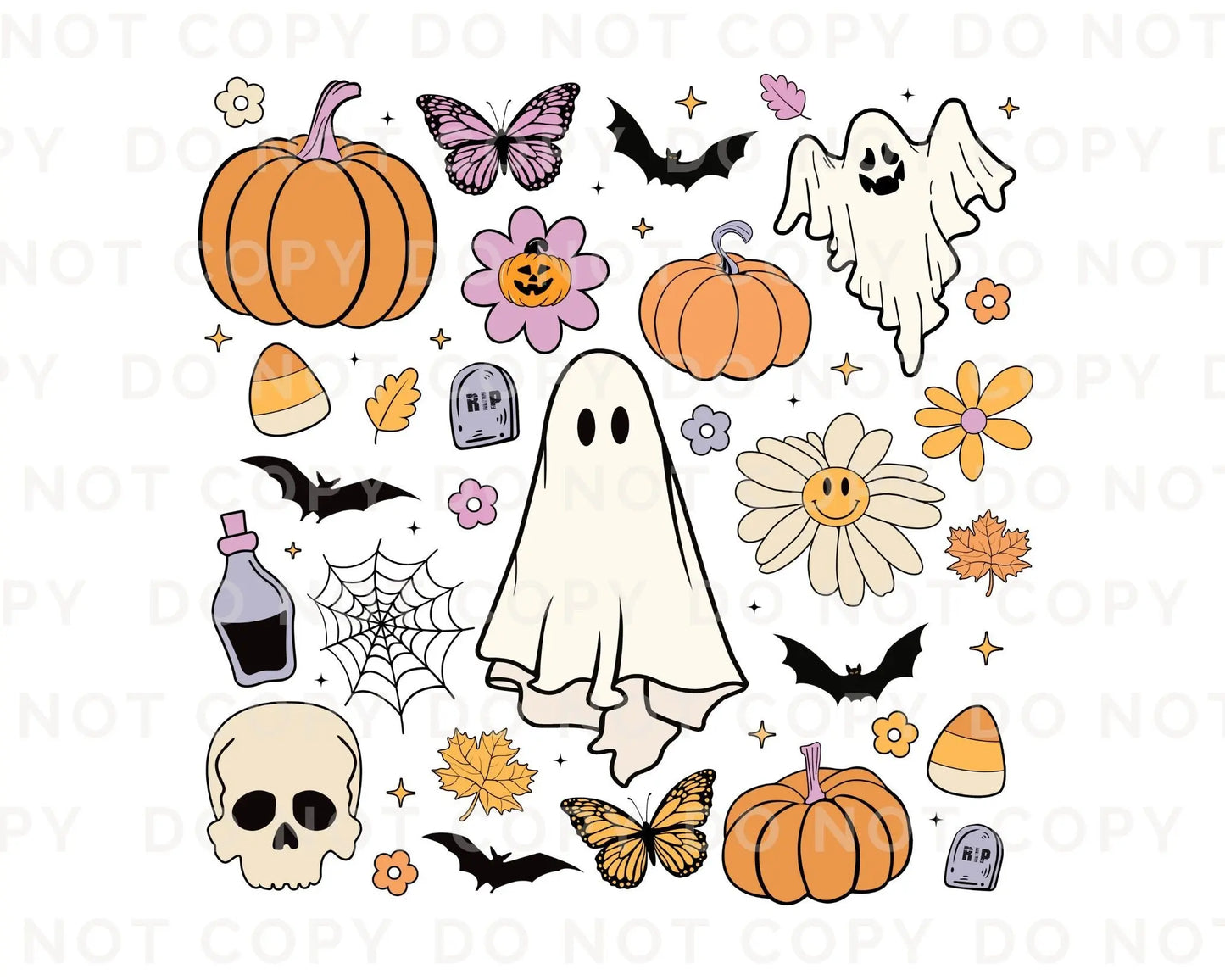DTF Transfers, Ready to Press, T-shirt Transfers, Heat Transfer, Direct to Film, Custom Transfers, Skull, Daisies, Halloween Doodle Collage,