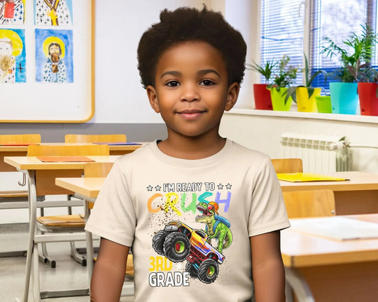 DTF transfer, First Day of School, Heat Transfer, Ready to Press, Direct to Film, Back to School, Ready to Crush Third Grade Dinosaur Truck