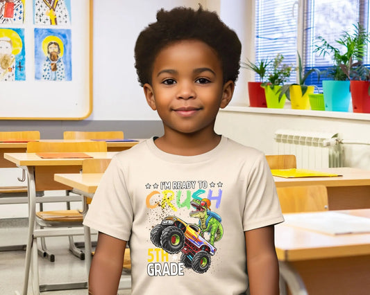 DTF transfer, First Day of School, Heat Transfer, Ready to Press, Direct to Film, Back to School, Ready to Crush Fifth Grade Dinosaur Truck