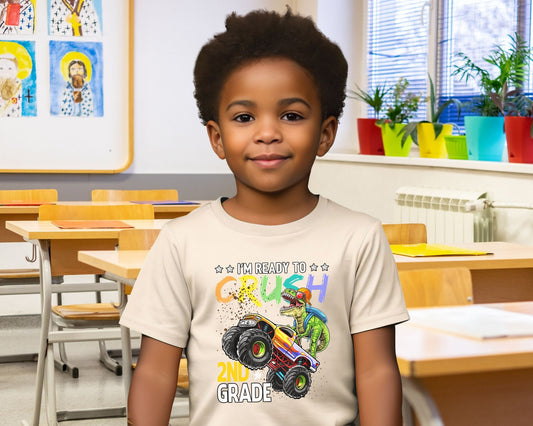 DTF transfer, First Day of School, Heat Transfer, Ready to Press, Direct to Film, Back to School, Ready to Crush Second Grade Dinosaur Truck