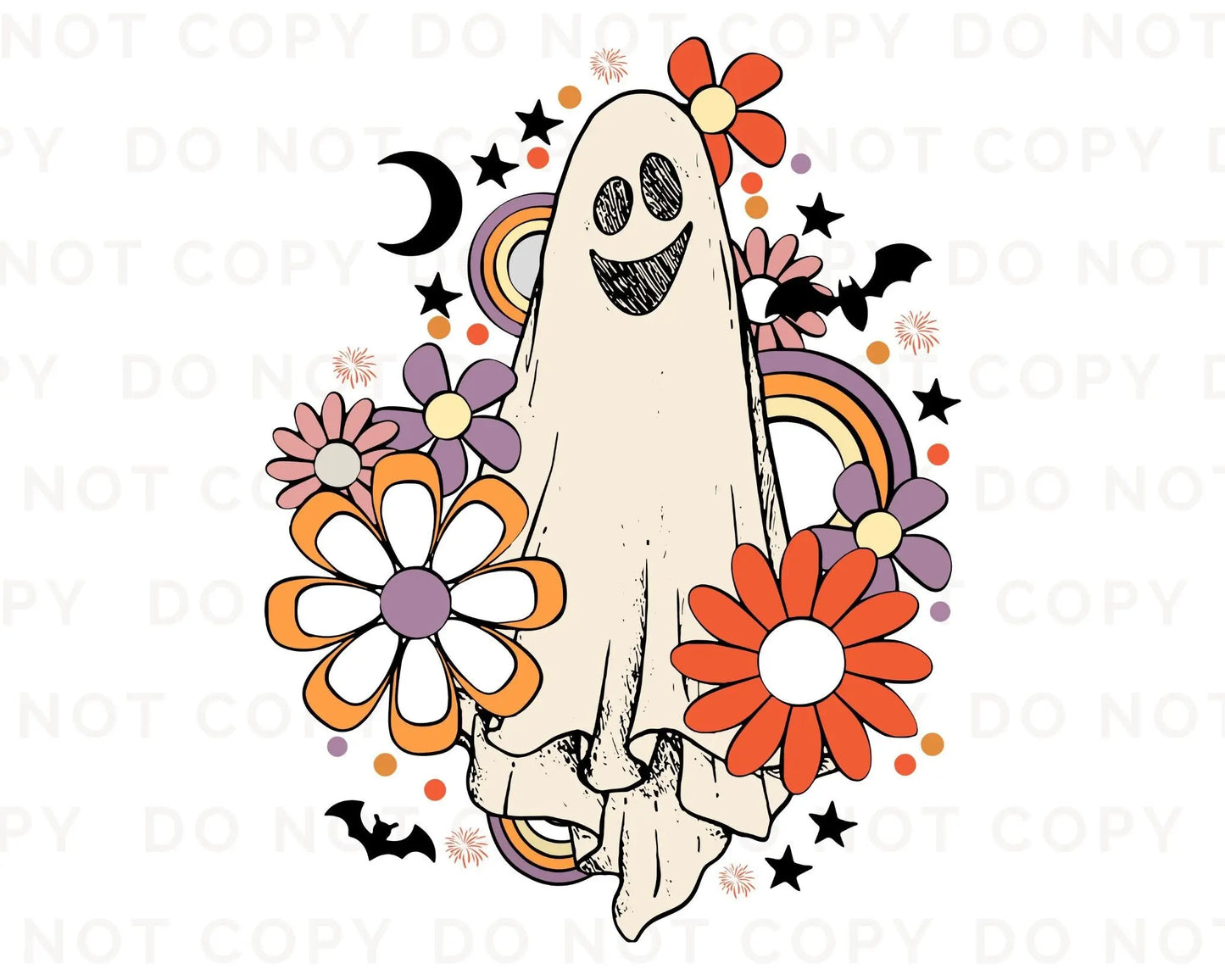 DTF Transfers, Ready to Press, T-shirt Transfers, Heat Transfer, Direct to Film, Custom Transfers, Ghostie, Retro, Floral Rainbow Ghost