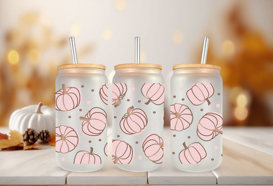 Fall UV DTF Libbey 16oz Cup Wrap Sticker, Ready to Ship, Direct to Film, Glass Can, Halloween, Permanent, Pink Pumpkins and Dots