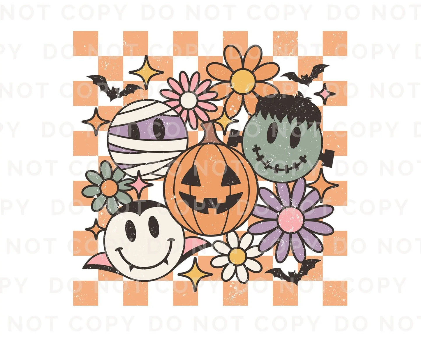 DTF Transfers, Ready to Press, T-shirt Transfers, Heat Transfer, Direct to Film, Custom Transfers, Retro, Checkered Halloween Smiley Crew