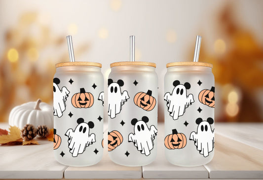 Halloween UV DTF Libbey 16oz Cup Wrap Sticker, Ready to Ship, Direct to Film, Glass Can, Fall, Permanent, Mouse Ghost and Pumpkins