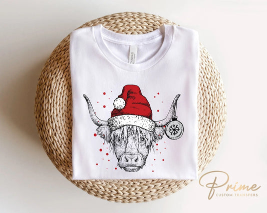 DTF Transfers, Ready to Press, T-shirt Transfers, Heat Transfer, Direct to Film, Holiday, Santa Hat, Christmas Highland Cow
