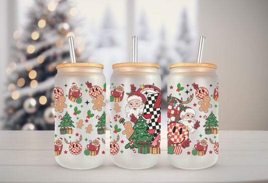 Christmas UV DTF Libbey 16oz Cup Wrap Sticker, Ready to Apply, No Heat, Permanent Adhesive, Glass Can, Holidays, Santa, Disco Ball, Collage