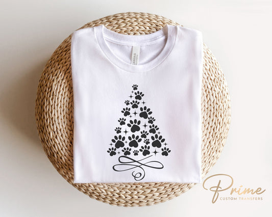 DTF Transfers, Ready to Press, T-shirt Transfers, Heat Transfer, Direct to Film, Holiday, Dog, Cat, Pet, Paw Christmas Tree - Black