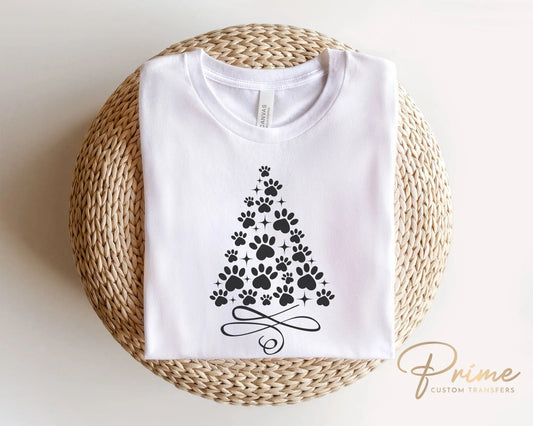 DTF Transfers, Ready to Press, T-shirt Transfers, Heat Transfer, Direct to Film, Holiday, Dog, Cat, Pet, Paw Christmas Tree - Black