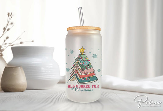 Christmas UV DTF Libbey 16oz Cup Wrap Sticker, Ready to Ship, rts, Direct to Film, Glass Can, Permanent, Holiday, Book Lover, Book Lover