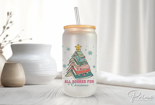 Christmas UV DTF Libbey 16oz Cup Wrap Sticker, Ready to Ship, rts, Direct to Film, Glass Can, Permanent, Holiday, Book Lover, Book Lover