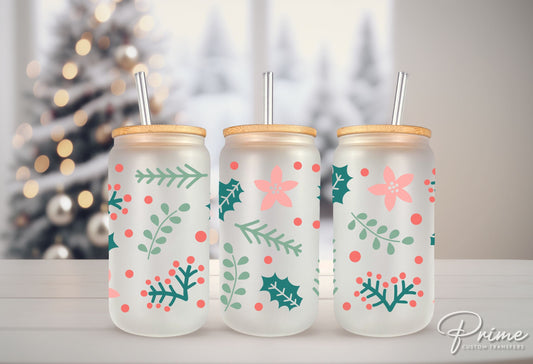 Christmas UV DTF Libbey 16oz Cup Wrap Sticker, Ready to Apply, No Heat, Permanent Adhesive, Waterproof, Glass Can, Holiday, Floral Holly