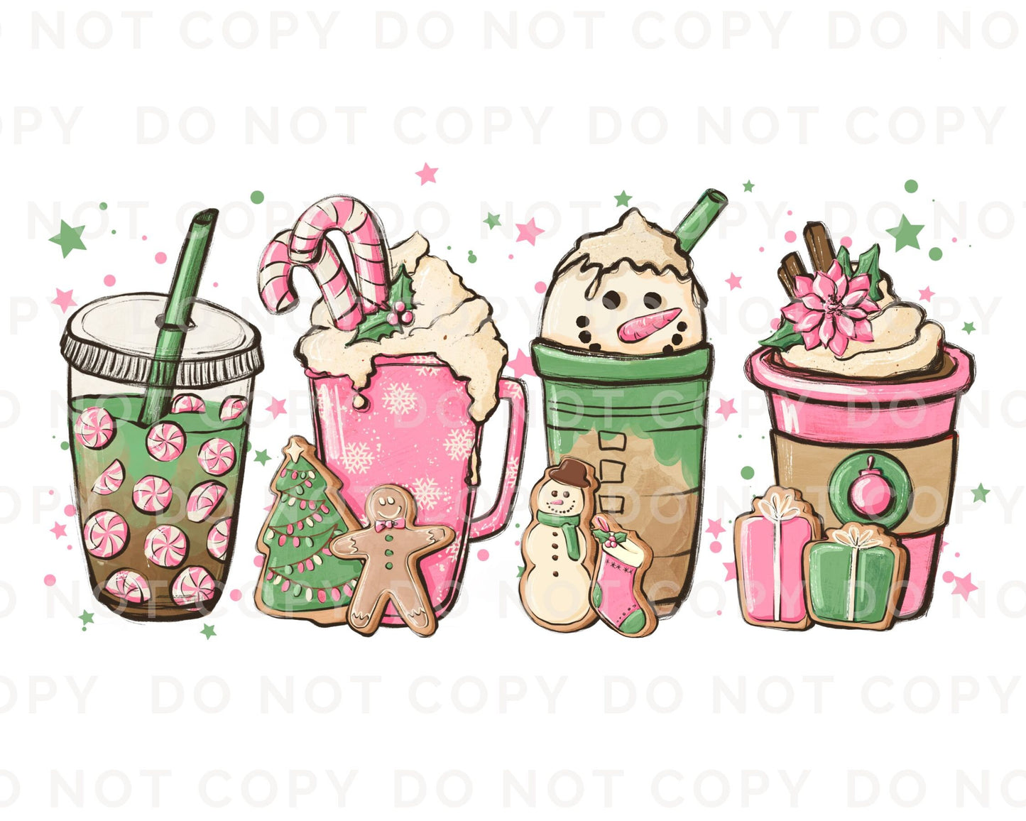 DTF Transfers, Ready to Press, T-shirt Transfers, Heat Transfer, Direct to Film, Holiday, Peppermint, Iced Latte, Pink Christmas Coffees