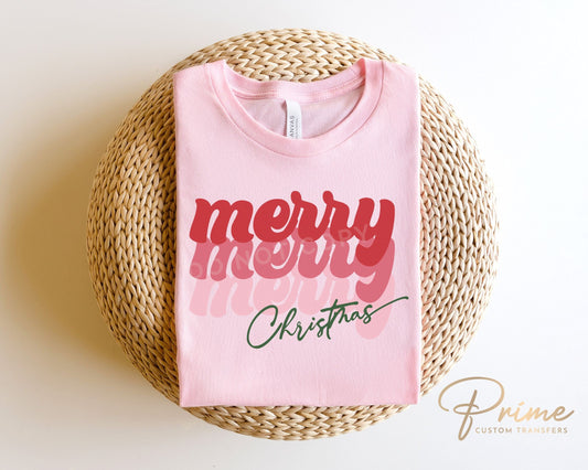 DTF Transfers, Ready to Press, T-shirt Transfers, Heat Transfer, Direct to Film, Holiday, Pink, Cute, Stacked, Retro Merry Christmas