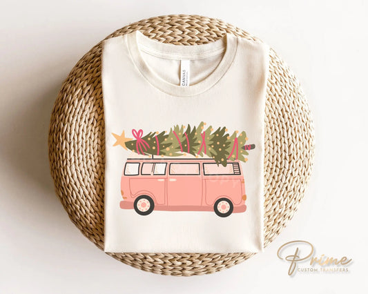 DTF Transfers, Ready to Press, T-shirt Transfers, Heat Transfer, Direct to Film, Watercolor, Tree, Groovy, Girlie, Retro Pink Christmas Van