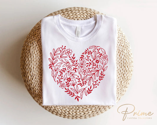 Valentine's Day, DTF Transfers, Ready to Press, T-shirt Transfers, Heat Transfer, Direct to Film, Cold Peel, Love, Romance, Red Floral Heart