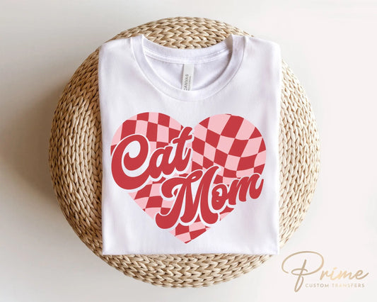 DTF Transfers, Ready to Press, T-shirt Transfers, Heat Transfer, Direct to Film, Cold Peel, Pets, Valentine's Day, Checkered Heart Cat Mom