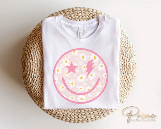 DTF Transfers, Ready to Press, T-shirt Transfers, Heat Transfer, Direct to Film, Spring, Lightening Bolt, Retro Pink Floral Happy Face