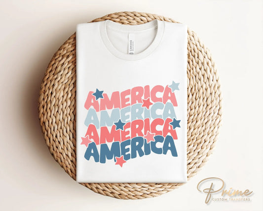 4th of July DTF Transfers, Ready to Press, T-shirt Transfers, Heat Transfer, Direct to Film, USA, Holiday, Stars, Stacked America
