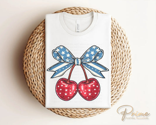 4th of July DTF Transfers, Ready to Press, T-shirt Transfers, Heat Transfer, Direct to Film, USA, Holiday, Independence, Cherry Coquette Bow