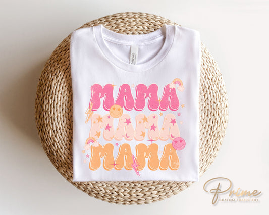 Mother's Day DTF Transfers, Ready to Press, T-shirt Transfers, Heat Transfer, Direct to Film, Retro, Rainbow, Smile, Groovy, Stacked Mama
