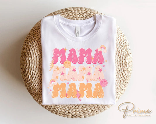 Mother's Day DTF Transfers, Ready to Press, T-shirt Transfers, Heat Transfer, Direct to Film, Retro, Rainbow, Smile, Groovy, Stacked Mama