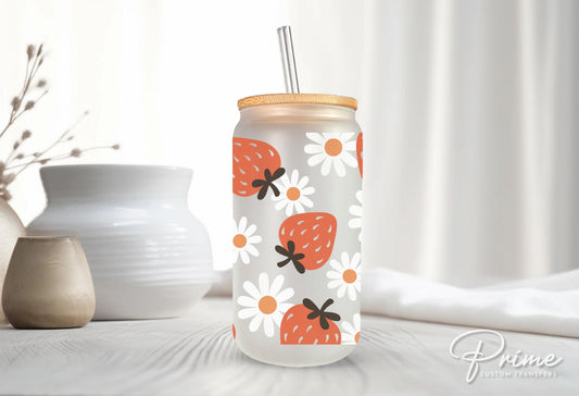 UV DTF 16oz Libbey Cup Wrap Sticker, Ready To Apply, Direct to Film, Glass Can, Permanent, Summer, Spring, Daisies, Cute, Strawberries