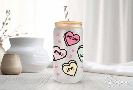 Valentine UV DTF 16oz Libbey Cup Wrap Sticker, Ready To Apply, Direct to Film, Glass Can, Permanent, Holiday, Affirmation Valentine Hearts