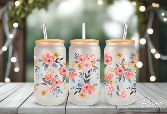 UV DTF 16oz Libbey Cup Wrap Sticker, Ready To Apply, Direct to Film, Glass Can, Permanent, Summer, Spring, Boho, Watercolor Flowers