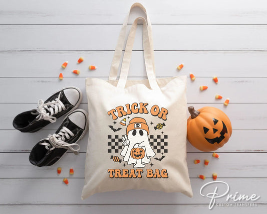 Halloween DTF Transfers, Ready to Press, T-shirt Transfers, Heat Transfer, Direct to Film, Trick or Treat Tote Bag, Decal, Candy, Ghost