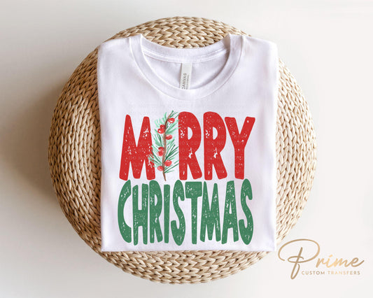 Christmas DTF Transfers, Ready to Press, T-shirt Transfers, Heat Transfer, Direct to Film, Holiday, Merry Christmas Holly Red Green