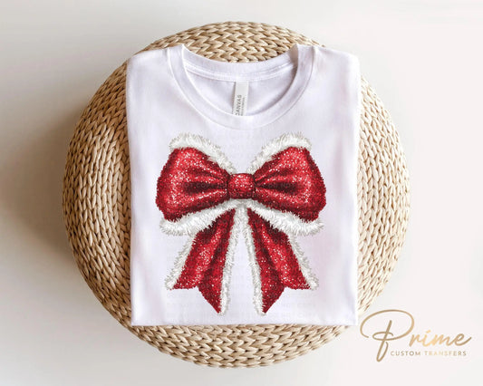Christmas DTF Transfers, Ready to Press, T-shirt Transfers, Heat Transfer, Direct to Film, Holiday, Faux Glitter, Sparkle Coquette Santa Bow