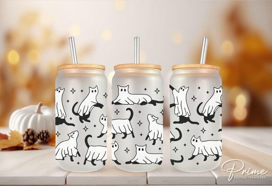Halloween UV DTF Libbey 16oz Cup Wrap Sticker, Ready to Ship, Direct to Film, Glass Can, Fall, Bats, Permanent, Spooky, Kitten, Ghost Cats