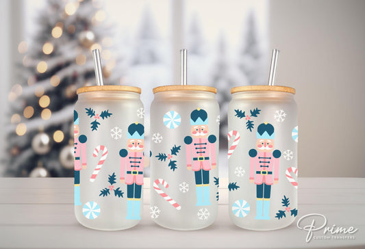Christmas UV DTF Libbey 16oz Cup Wrap Sticker, Ready to Apply, No Heat, Permanent Adhesive, Waterproof, Glass Can, Holiday, Pink Nutcracker
