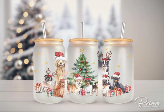 Christmas UV DTF Libbey 16oz Cup Wrap Sticker, Ready to Ship, rts, Direct to Film, Glass Can, Permanent, Holiday, Pets, Christmas Puppy Dogs