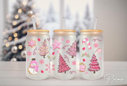 Christmas UV DTF Libbey 16oz Cup Wrap Sticker, Ready to Apply, No Heat, Permanent Adhesive, Waterproof, Glass Can, Trees, Pink Christmas