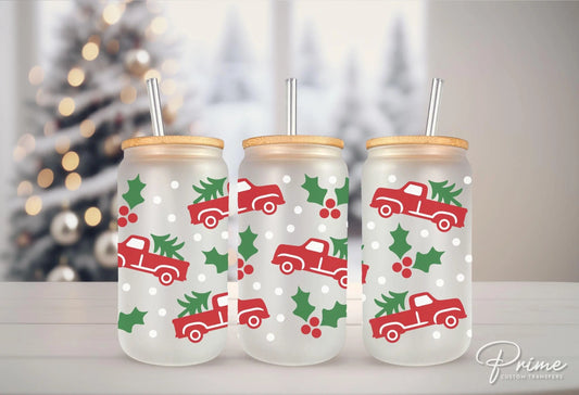 Christmas UV DTF Libbey 16oz Cup Wrap Sticker, Ready to Apply, No Heat, Permanent Adhesive, Waterproof, Glass Can, Red Christmas Trucks