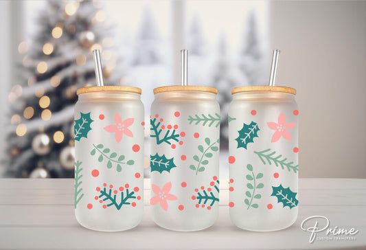 Christmas UV DTF Libbey 16oz Cup Wrap Sticker, Ready to Apply, No Heat, Permanent Adhesive, Waterproof, Glass Can, Poinsettias and Holly