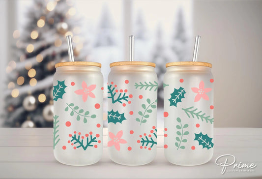 Christmas UV DTF Libbey 16oz Cup Wrap Sticker, Ready to Apply, No Heat, Permanent Adhesive, Waterproof, Glass Can, Poinsettias and Holly