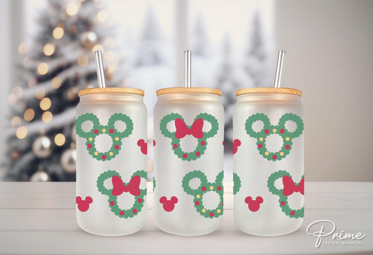 Christmas UV DTF Libbey 16oz Cup Wrap Sticker, Ready to Apply, No Heat, Permanent Adhesive, Waterproof, Glass Can, Christmas Mouse Wreath