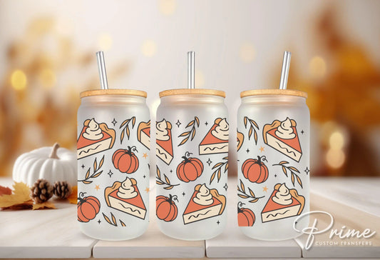 Thanksgiving UV DTF Libbey 16oz Cup Wrap Sticker, Ready to Apply, No Heat, Permanent Adhesive, Waterproof, Glass Can, Pumpkin Pie