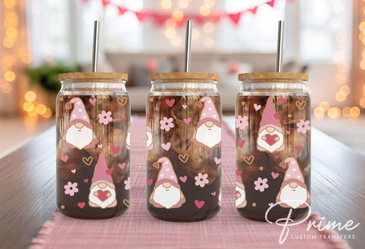 Valentine's Day UV DTF 16oz Libbey Cup Wrap Sticker, Ready To Apply, Direct to Film, Glass Can, Permanent, Waterproof, Holiday, Pink Gnome