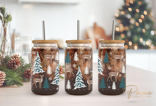 Christmas UV DTF Libbey 16oz Cup Wrap Sticker, Ready to Apply, No Heat, Permanent Adhesive, Waterproof, Glass Can, Holiday, Woodland, Deer