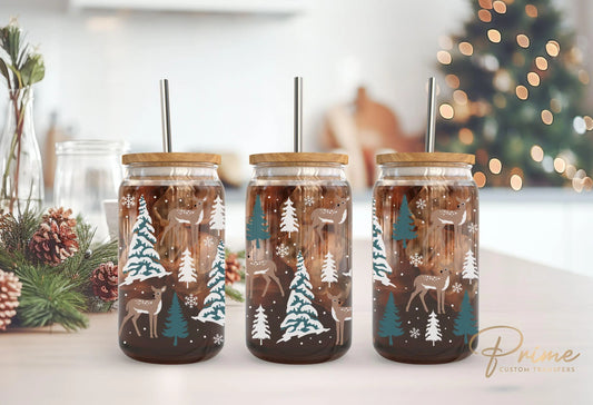 Christmas UV DTF Libbey 16oz Cup Wrap Sticker, Ready to Apply, No Heat, Permanent Adhesive, Waterproof, Glass Can, Holiday, Woodland, Deer