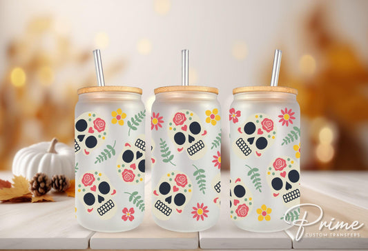 Halloween UV DTF Libbey 16oz Cup Wrap Sticker, Ready to Ship, Direct to Film, Glass Can, Permanent, Mexican Day Of The Dead, Sugar Skull