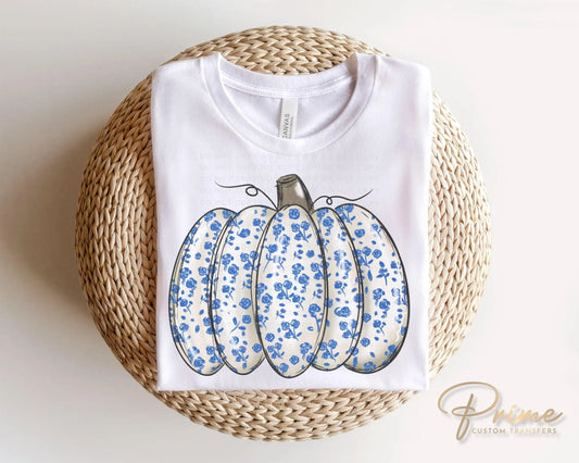 Fall DTF Transfers, Ready to Press, T-shirt Transfers, Heat Transfer, Direct to Film, Trendy, Autumn, Thanksgiving, Blue Floral Pumpkin