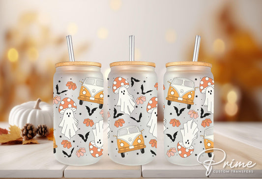 Halloween UV DTF Libbey 16oz Cup Wrap Sticker, Ready to Ship, Direct to Film, Glass Can, Fall, Permanent, Holiday, Bats, Groovy Bus, Ghosts