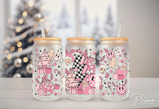 Christmas UV DTF Libbey 16oz Cup Wrap Sticker, Ready to Apply, No Heat, Permanent Adhesive, Waterproof, Glass Can, Retro Pink Christmas