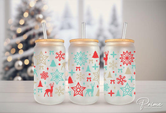 Christmas UV DTF Libbey 16oz Cup Wrap Sticker, Ready to Apply, No Heat, Permanent Adhesive, Waterproof, Glass Can, Geometric Christmas