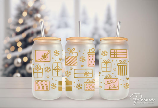 Christmas UV DTF Libbey 16oz Cup Wrap Sticker, Ready to Apply, No Heat, Permanent Adhesive, Waterproof, Glass Can, Gifts, Wrapping Presents