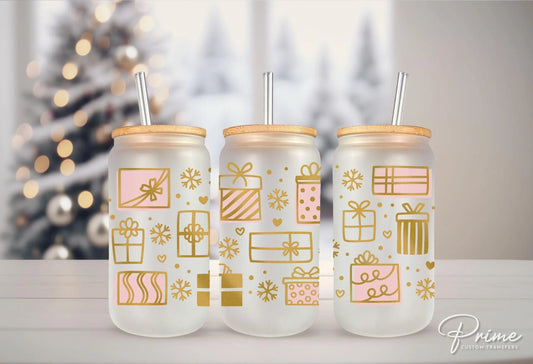 Christmas UV DTF Libbey 16oz Cup Wrap Sticker, Ready to Apply, No Heat, Permanent Adhesive, Waterproof, Glass Can, Gifts, Wrapping Presents